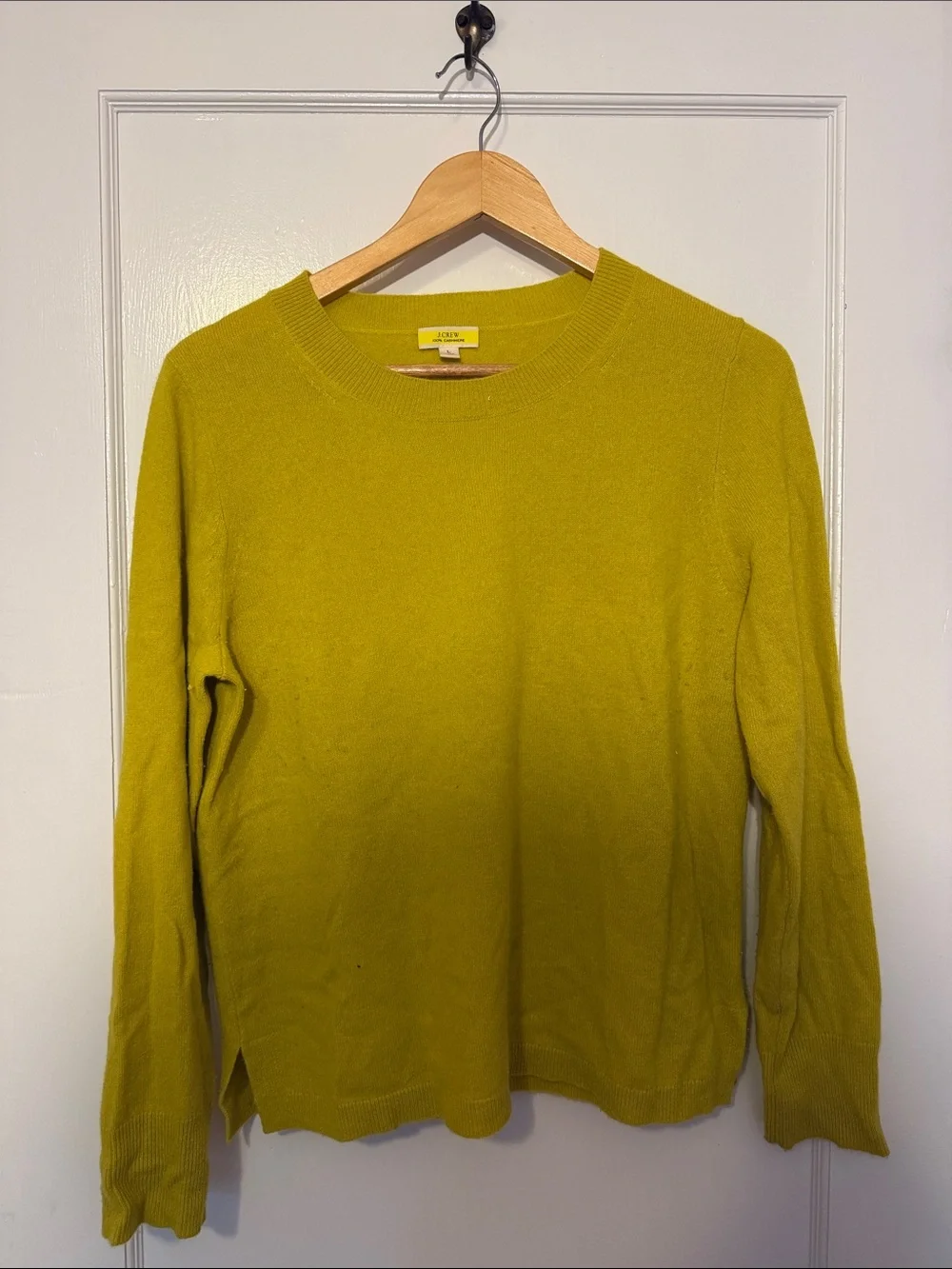 J. Crew Women's 100% Cashmere Lightweight Crewneck Sweater in lemon yellow.